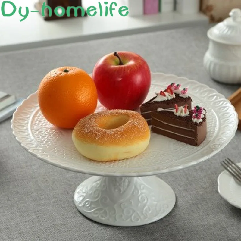 

European Lace Embossed Tall Ceramic Fruit Plate Home Decoration Storage Supplies Baking Cake Tray Hotel Round Tray