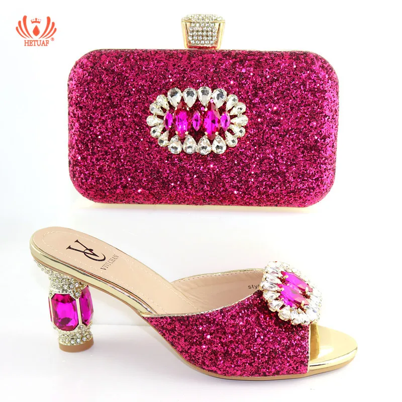 

Fuchsia Design Designer Shoes Women Luxury 2019 Nigerian Women Wedding Shoe and Bag Set Decorated with Rhinestone Party Wedding