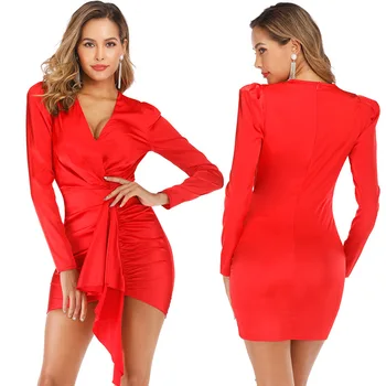 

Cross-Border Women's-Long Sleeve V-neck Red Dress Spring Autumn Draped Solid Bodycon Dress Office Lady Workwear Elegant Dress