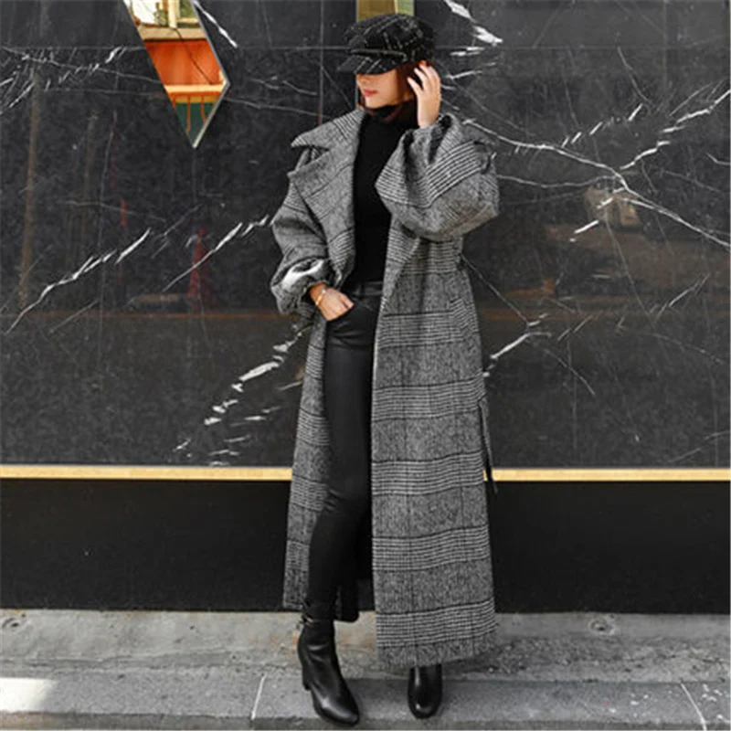 Новая осенне-зимняя женская шерстяная куртка с длинным рукавом-фонариком большого размера шерстяное пальто в клетку женская утепленная Свободная верхняя одежда LM092