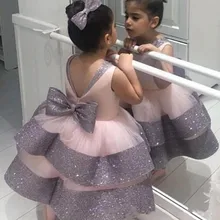 Тюлевое Платье До Колена с блестками и цветочным узором для девочек, с бантом, без спинки, по индивидуальному заказу, пышные платья для девочек на день рождения, платья принцессы