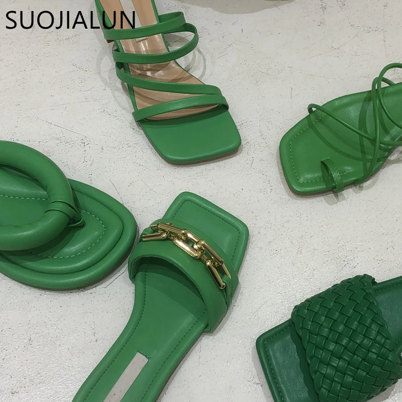 SUOJIALUN 2021 Women Slippers Fashion Green Ladies Flat Heel Slides Summer Outdoor Beach Slip On Sandal Shoes Female Flip Flops