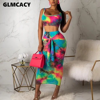 

Women Two Piece Matching Sets Tie Die Printed Plus Size Spaghetti Strap Crop Top & High Waist Bodycon Skirts