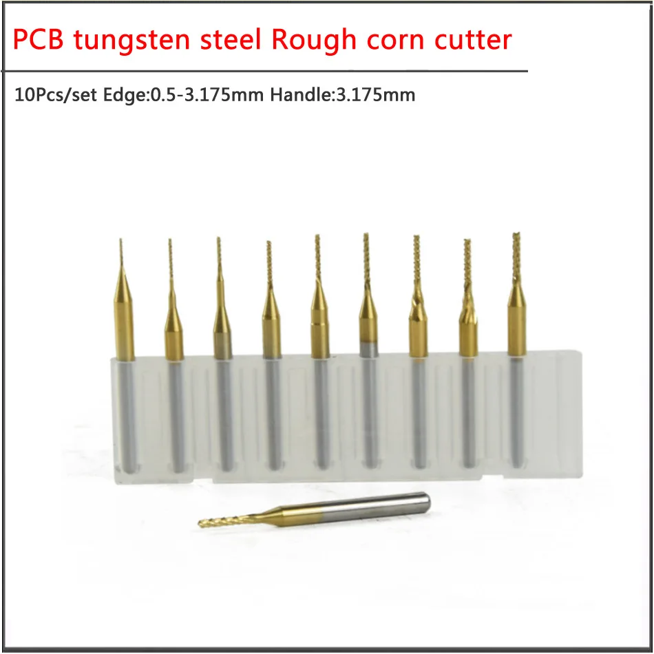 10pcs set 0.5 0.8 1.0 1.2 1.6 2.0 3.175mm Tungsten steel titanium coated rough corn milling cutter Engraving machine milling cut