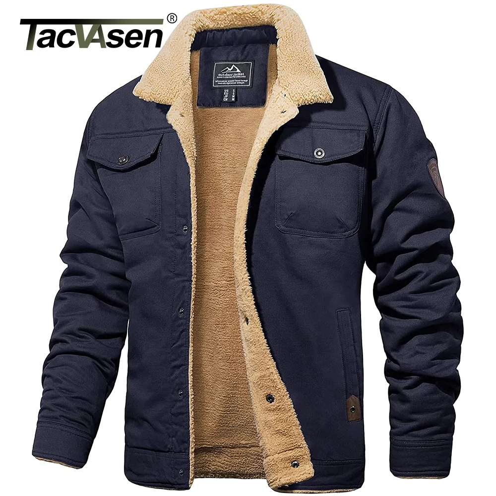Turn-down Collar Winter Cotton Parka Coat Mens Sherpa Fleece Trucker Work Cargo Coats