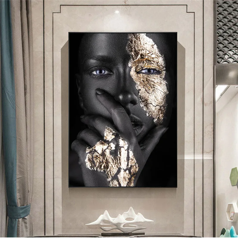 

African Art Black and Gold Women Oil Paintings on Canvas Scandinavian Posters and Prints Wall Art Pictures for Home Decoration