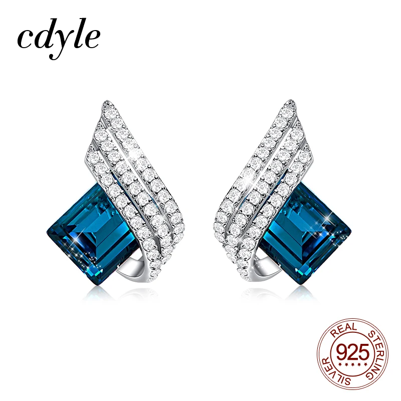 Cdyle 925 серебряные ювелирные изделия Свадебные обручальные серьги с блестящими кубическими цирконами геометрические синие Кристальные серьги для женщин
