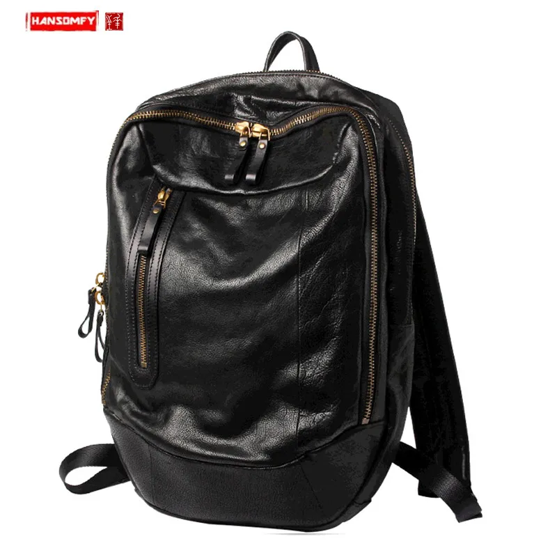Оригинальный ручной работы кожаный мужской черный ретро рюкзак мужской 15,6 сумка для ноутбука из натуральной кожи большой емкости мужские