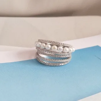 

SLJELY Fashion 925 Sterling Silver White Multi Hoop Circles Finger Ring with Pearls 5A Cubic Zirconia Women Luxury Brand Jewelry