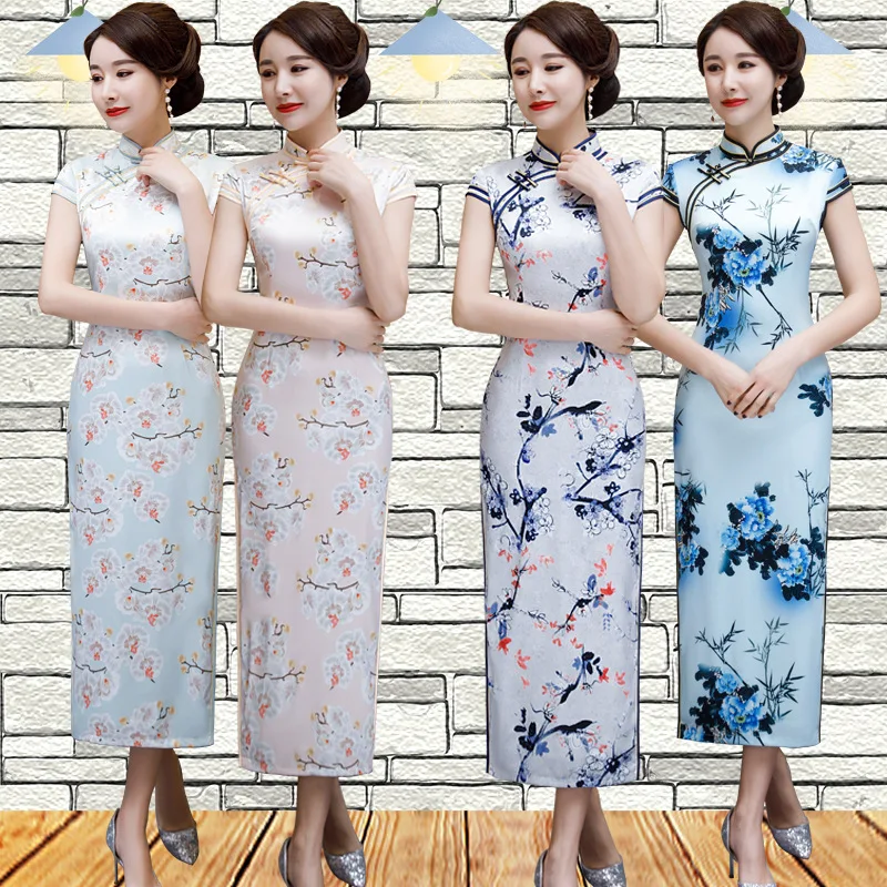 

Photo Shoot New Style Slim Fit Silk Fabrics Improved Cheongsam Banquet T Stage Catwalks Long Short Sleeve Double Layer Cheongsam