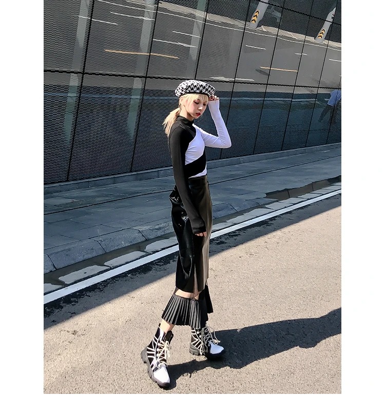 Harajuku See Through сетки Patchwork из искусственной кожи юбка женские, с высокой посадкой Mid длинные плиссированные юбки в стиле панк модная Юбка Femme Q110