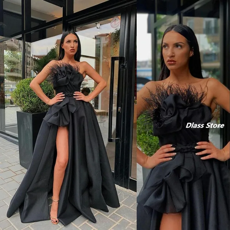 plus size prom & dance dresses Sexy Black Formal Prom Dresses Strapless Sleeveless With Feather Side High Slit A Line Long Satin Eveing Gowns 2022 Robe De Bal hot pink prom dress