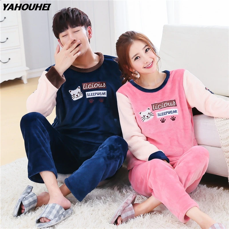 

Couples 2019 Winter Thick Warm Flannel Pajamas Sets For Women Long Sleeve Cartoon Coral Velvet Homewear Pyjama Men Home Clothing
