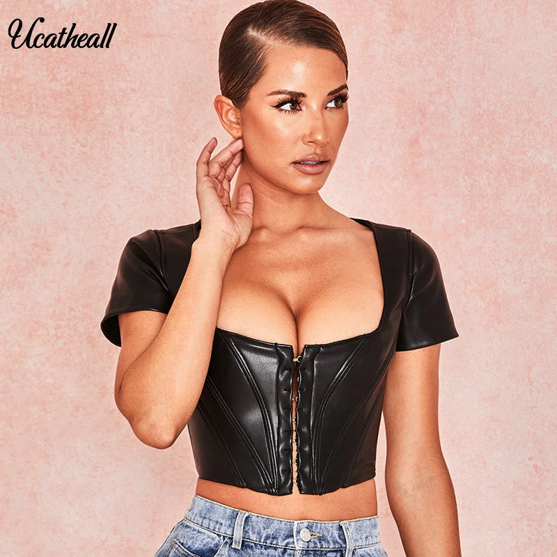 

Women PU Leather Bralette Vest Crop Top Ladies Deep V-neck Party Club Evening ClubwearTank Tops