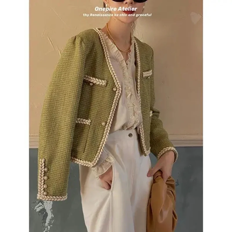 

Женская твидовая куртка, укороченная шерстяная куртка горчичного и зеленого цвета с небольшим запахом, элегантная верхняя одежда с жемчужными пуговицами, осень 2022