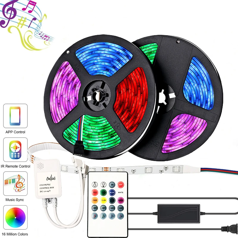 

5m, 10m RGB LED Strip Light kit, Flexible Color Changing SMD 5050 LEDs, 12V LED Tape with 44 Key RF Remote, Dimmable LED Ribbon