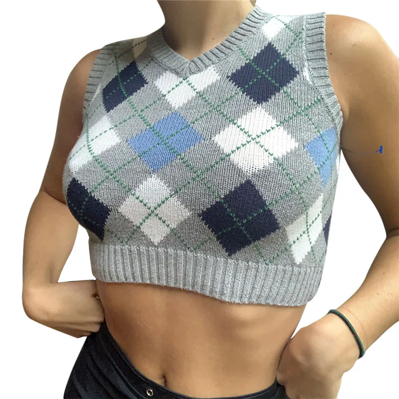 

Fashion Woman Sweater Vest All-match Vintage Knitted Tops Argyle Print Ribbing Elastic Slim V-neck Tops Woman Sleeveless Sweater