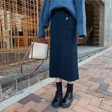 Новинка, Весенняя элегантная женская синяя и черная юбка с высокой талией, эластичная мягкая теплая плотная прямая трикотажная Длинная женская юбка на пуговицах