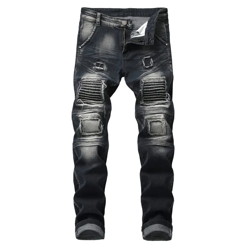 

New popular men's slim fit elastic perforated casual drag color striped embroidery large washed jeans pants