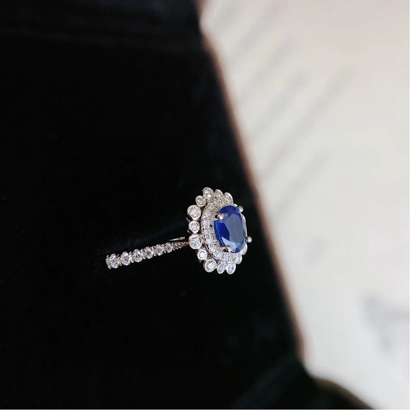 Aazuo 18K White Solid Gold Natural Blue Sapphire 0.40ct Real Diamonds 0.20ct H Classic Oval Ring for Women Senior Banquet Party