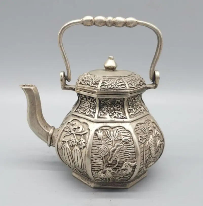 

China White copper fish lotus teapot crafts statue