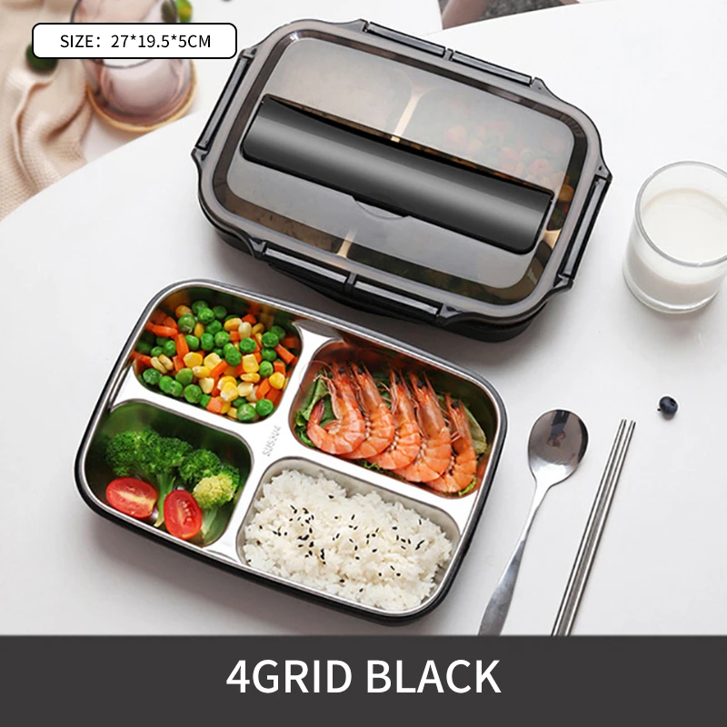 4Grid Black Нержавеющая сталь изолированный Ланч-бокс многозерновой Ланч-бокс с палочками ложка детские столовые приборы Ланч-бокс для детей герметичный - Цвет: 4Grid Black