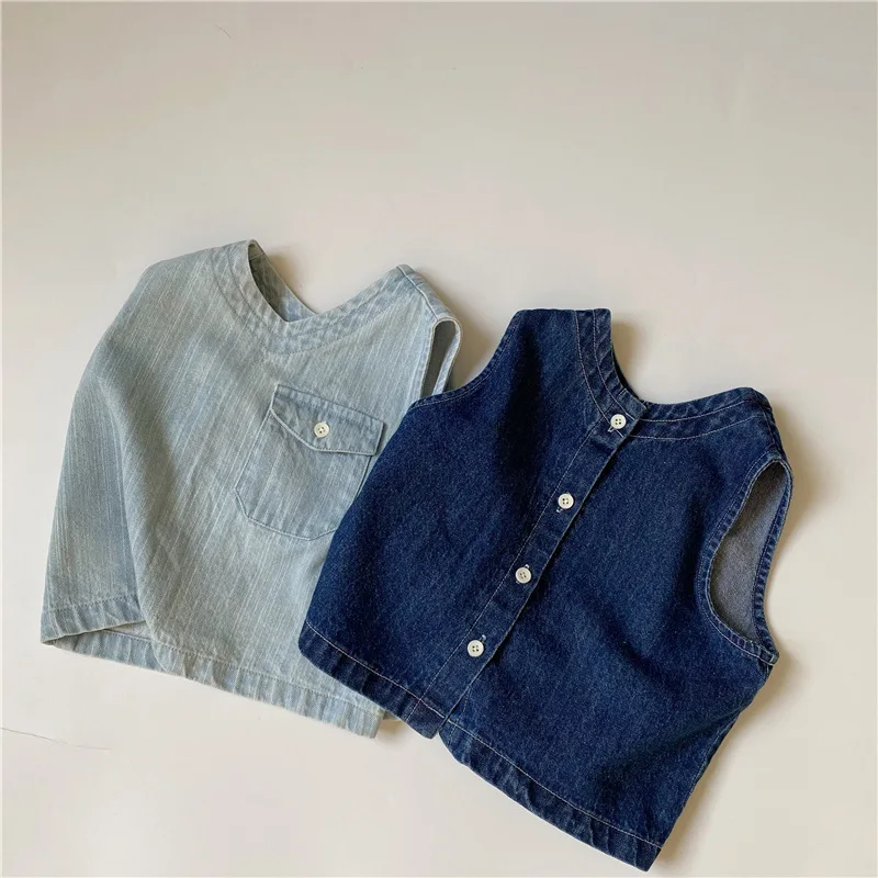 7983 Children Vest Boy Denim Waistcoat Summer New 2021 Soft Sleeveless Jeans Vest Baby Girls Pocket Vest 1-7T Kids Outfits real fur coat