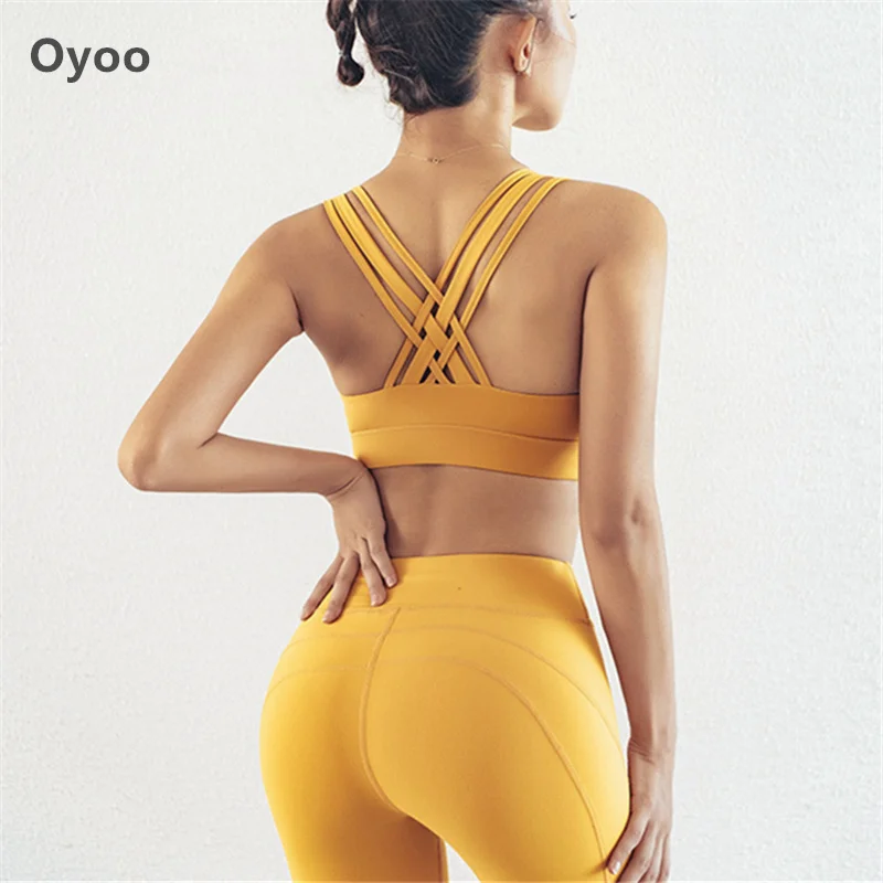 Oyoo 2 шт. желтый yoga комплект slim fit jogging femme спортивные костюмы Ремешками Спортивный Топ для бега одежда пикантные тренировочная одежда для женщин - Цвет: Yellow