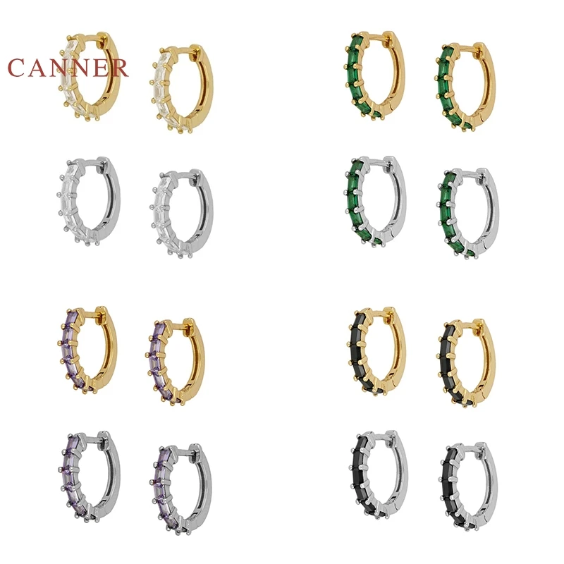 

CANNER Real 925 Sterling Silver Earrings For Women Round Earrings Hoops White Green Purple Black Zircon Jewelry Pendientes