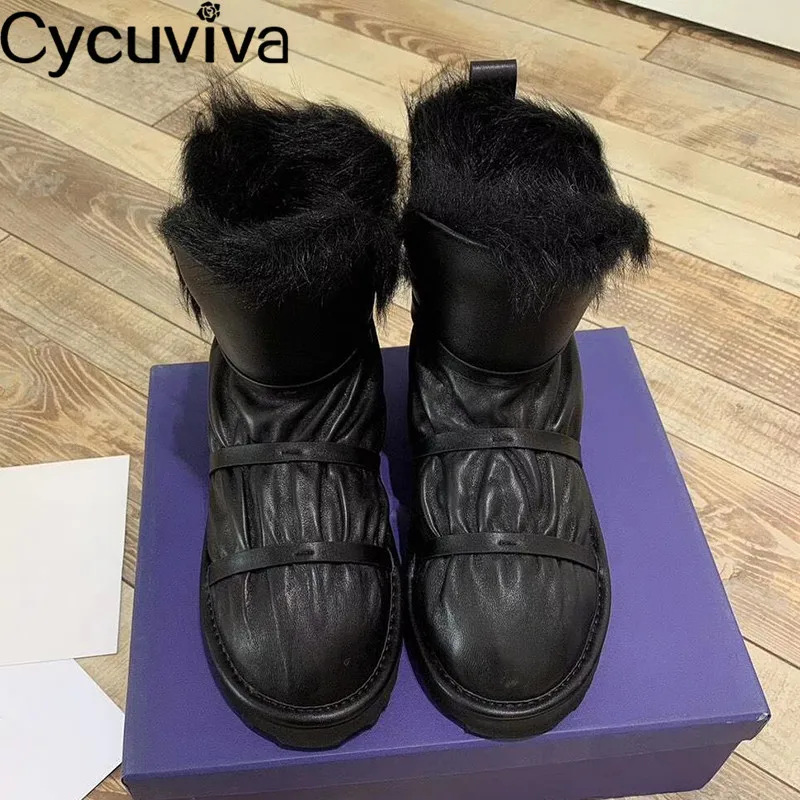 Hot Strip Wool Snow Boots Women Classic Round Toe Flat Winter Shoes Woman Slip On Short Boots Runway Warm Down Botas Mujer