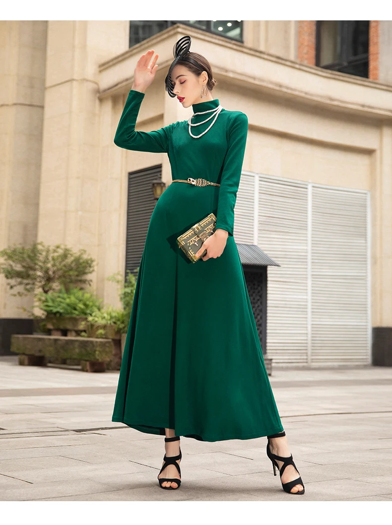 Autumn Winter Long Dress Women Long sleeve Turtleneck Slim Fit Formal Green party Vintage Maxi Dress Plus size M-XXXL