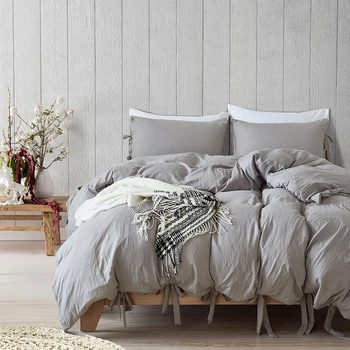 

Washed Polyester Bedding Set with Bow Tie Straps Soft Bowknot Twin Queen King Size Duvet Cover Set Pillowcases for Men Women
