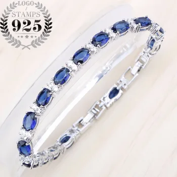 

Silver 925 Jewelry Bracelet For Women Blue Cubic Zirconia White Stones Party Accessories Length 20cm Free Gift Box