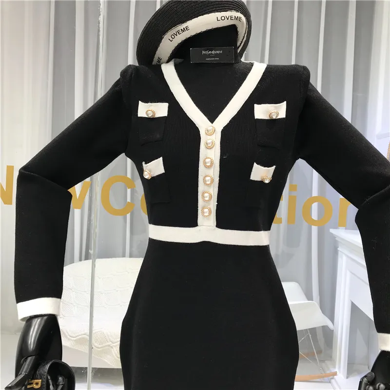 ALPHALMODA, новинка, зимнее вязаное платье с жемчужными пуговицами и v-образным вырезом, женское элегантное тонкое трикотажное платье, модная Мини Одежда