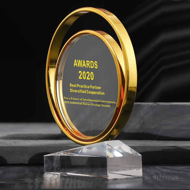 Custom Metal Double Circle Crystal Trophy, Electroplating Gold, Creative Award, Wedding Souvenir, Black Base