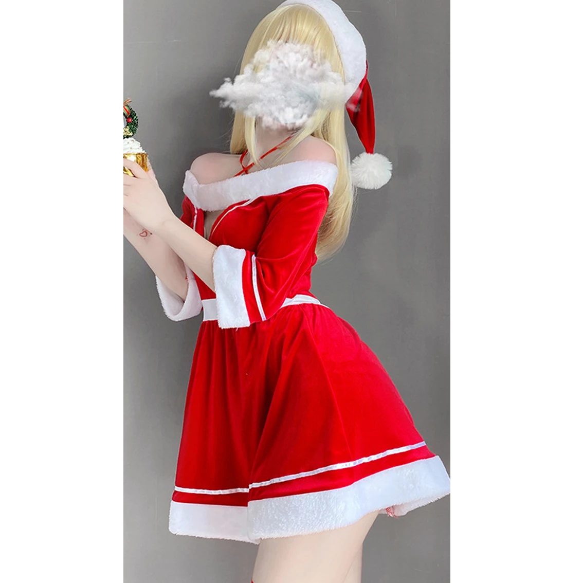 Women Christmas Lady Santa Claus Cosplay Costume Winter Off Shoulder Dress  with Hat Sexy Lingerie Uniform