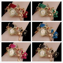 Exquisite Fashion Wild Rhinestones Wrist-watch Ladies Bracelet Watch Bow Bracelet Leather Belt Watch Women