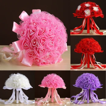 

White Red Artificial Bouquets Roses Bride Silk Rose Artificial Flowers Fake Bouquet Buch Wedding Home Party Decor