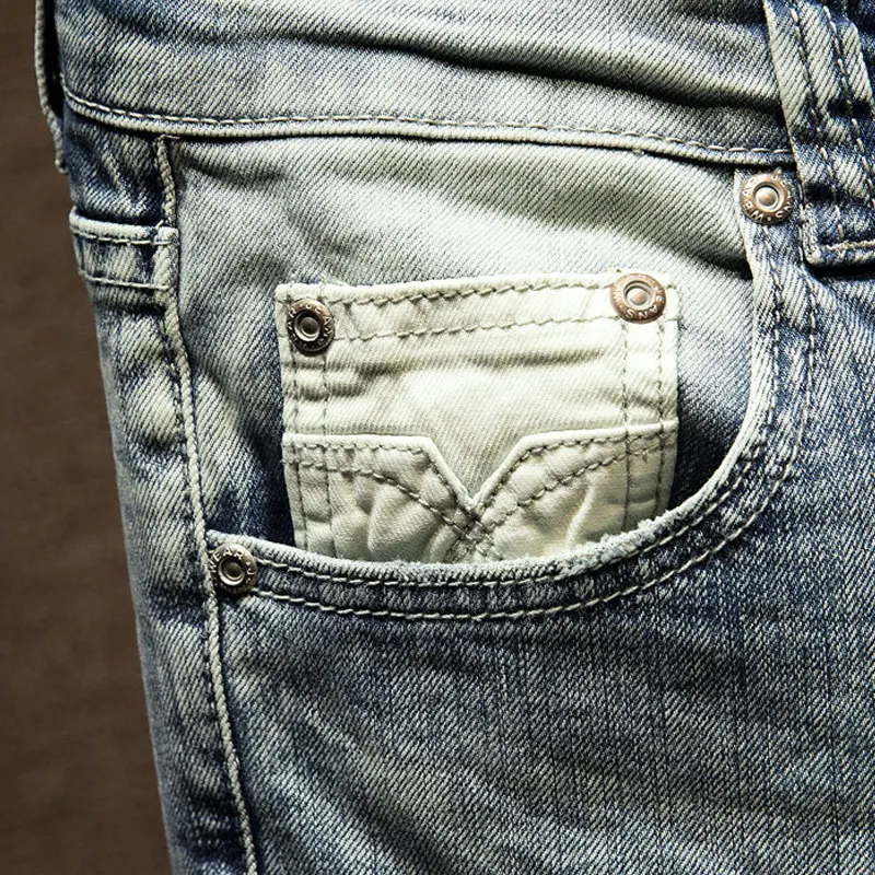 Flash Sale Italian Style Fashion Men Jeans Retro Light Blue Slim Fit Vintage Designer Ripped Jeans Men Pants Streetwear Hip Hop Jeans Homme