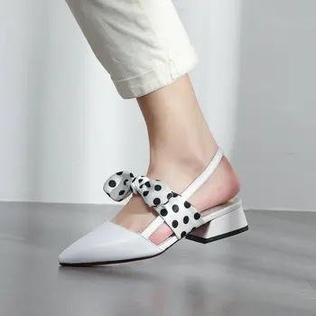 

Genuine Leather low heels Shoes summer Women Pumps Slingbacks Thick Heels poined Toe dress Shoes
