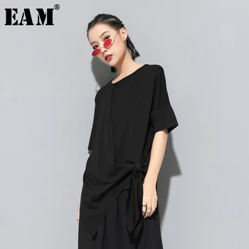

[EAM] 2020 New Spring Summer Round Neck Short Sleeve Black Hem Irregular Bandage Bow Big Size T-shirt Women Fashion Tide JS940