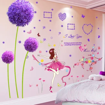 

[shijuekongjian] Pink Girl Dancer Wall Stickers DIY Dandelions Flowers Wall Decals for Kids Bedroom Living Room Decoration