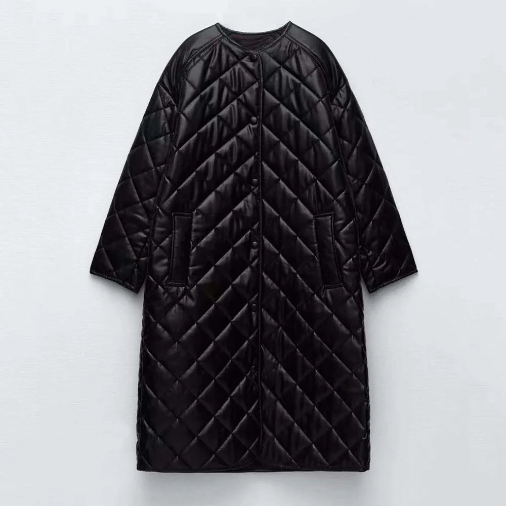 

2022 Winter Vintage Warm Black Leather Coat Female Casual Loose Streetwear Long Sleeve Parkas Midi Outwear Jacket