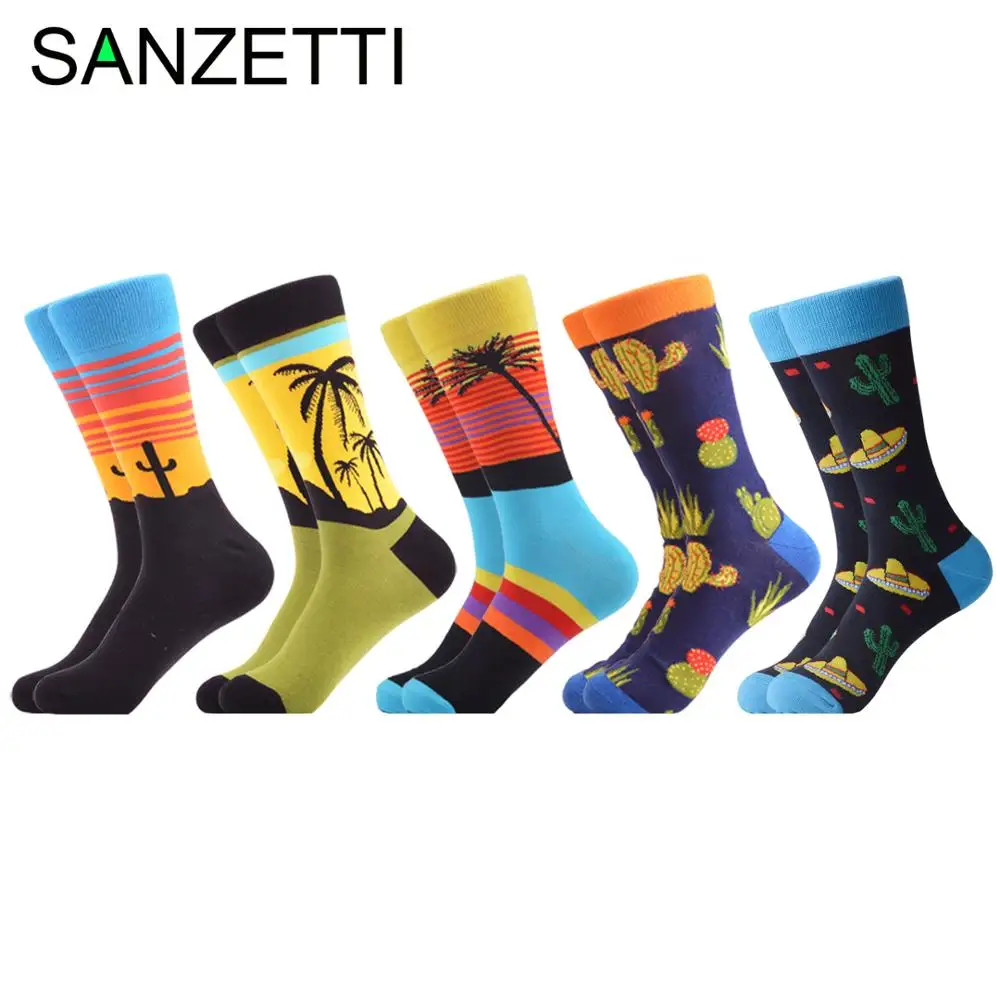 

SANZETTI 5 Pairs/Lot New Style Men Casual Combed Cotton Happy Crew Socks Cactus Palm Tree Funny Party Gifts Creative Dress Socks