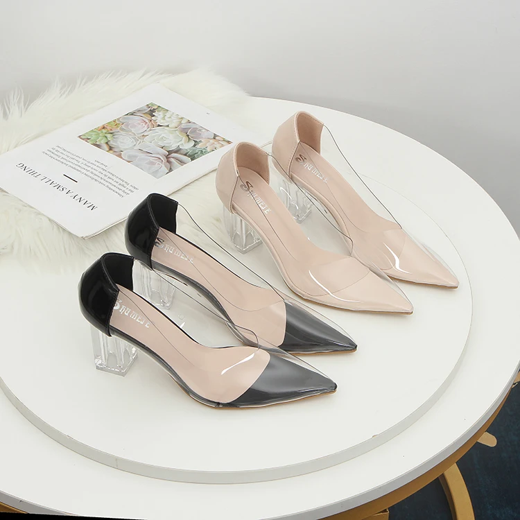

Shoes Woman Crystal Heel Clear Pumps High Heels Shoes Fashion Shallow Slides Slip on Transparent Sandals Pump Black Apricot