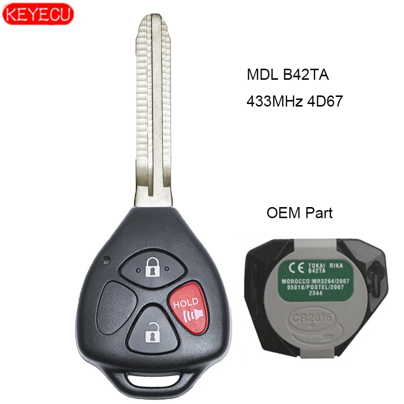 Пульт дистанционного управления KEYECU 3 кнопки 433 МГц 4D67 чип FOB для 2005 2008 Toyota Hilux FCC ID: