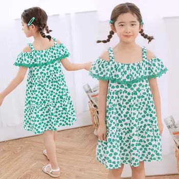 

Teenager Girl Dress 2020 Summer 100% Cotton Beach Clothes Baby Kids Dresses For Girls Party Princess Green Red Children Dress