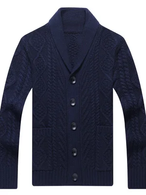 Covrlge Мужской флисовый свитер осенне-зимний Повседневный приталенный вязаный свитер на пуговицах мужские толстые теплые свитера пальто мужские M-4XL MWK005 - Цвет: Тёмно-синий