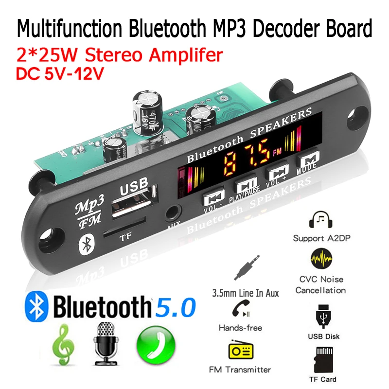 2*25W Stereo Decoder Board 12V 50W amplifier Car FM Radio Module Bluetooth 5.0 MP3 Player Handsfree Support TF USB AUX Recorders |