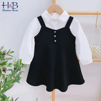 

Humor Bear 2020 New Girls' Autumn Clothes Western Seersucker Doll Collar Long-Sleeved Shirt + Strap Dress 2pcs Clothing Suit